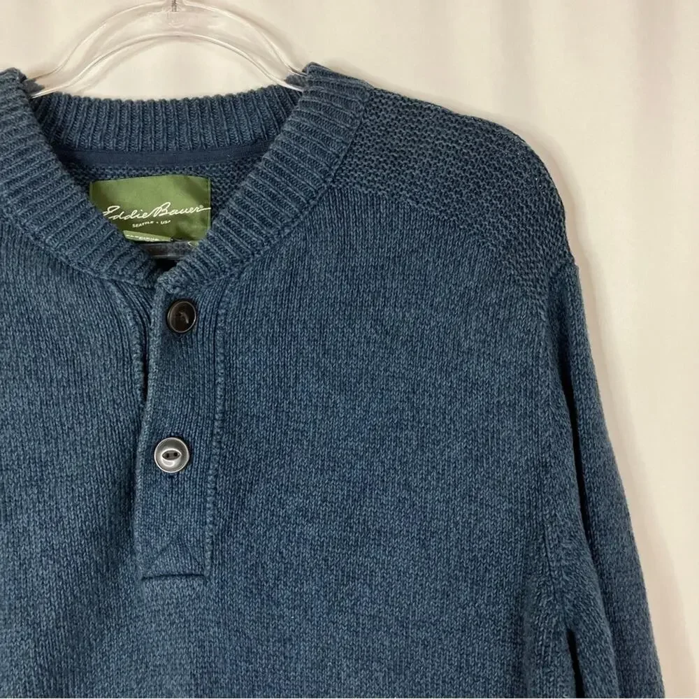 Eddie Bauer Navy Blue 100% Cotton Henley Sweater Pullover Mens XL